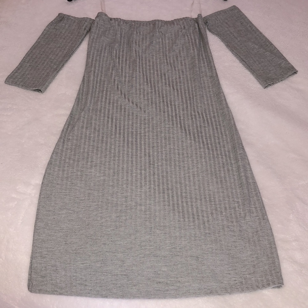 New🩶Off-The-Shoulder lightweight Rib Knit dress! Elbow length Sleeves! grey! M